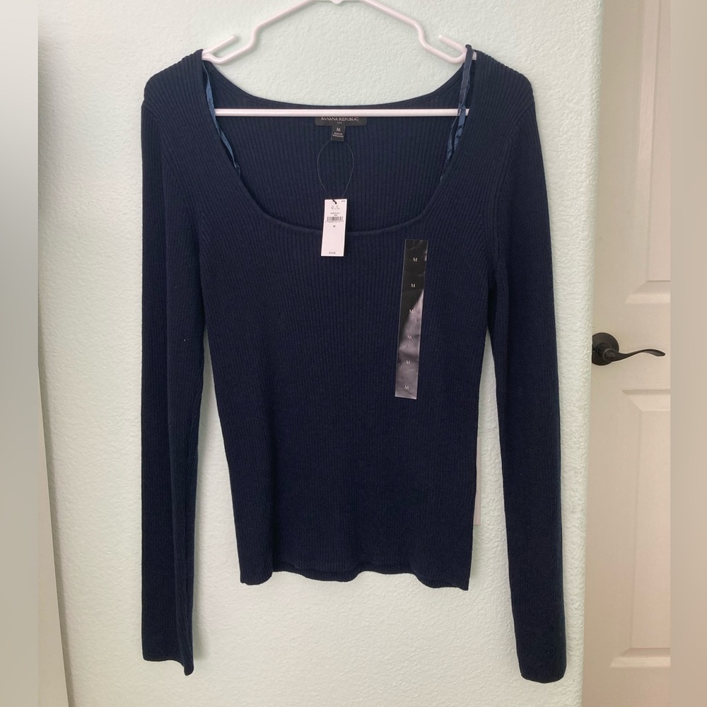 Banana Republic Square Neck Long Sleeve Ribbed Navy Blue - Size Medium